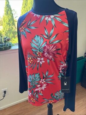 Spyder Red Floral Raglan Top with Navy Sleeves,Size Large ,new with tag